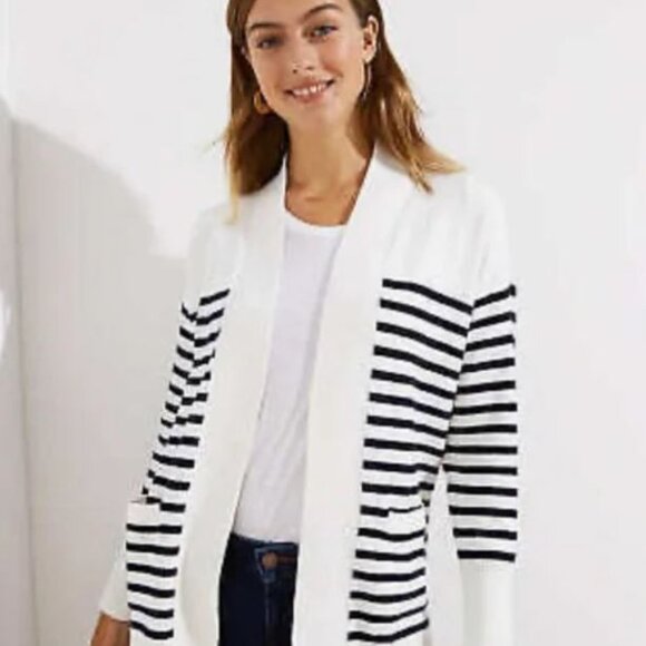 LOFT Open White Navy Striped Long Sleeves Cardigan Sweater Size S - Picture 2 of 8